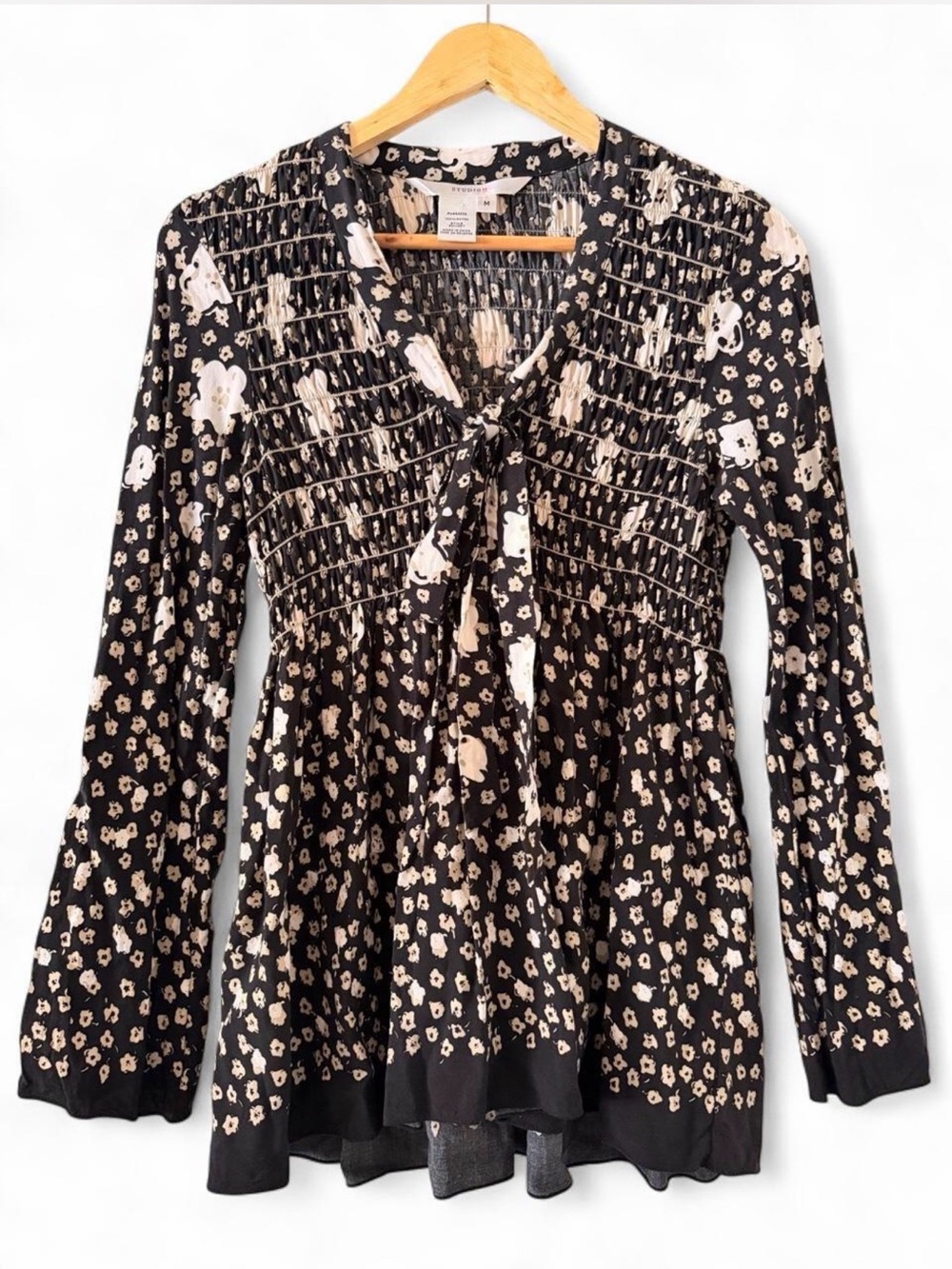 Studio M Black & Cream Floral Smocked Tie-Neck Tunic